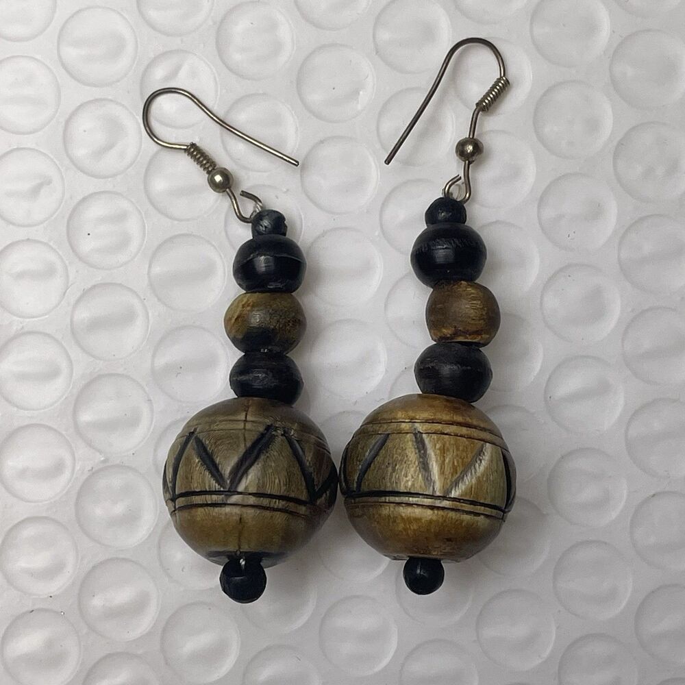 Wood Carved Dangle Earrings Brown